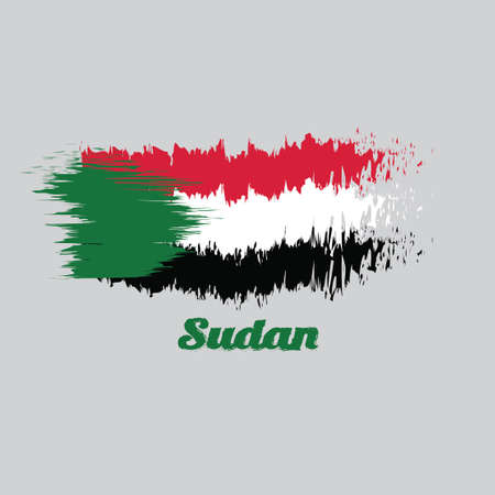 Brush style color flag of Sudan, red white and black; with a green triangle based at the hoist with text Sudan.のイラスト素材
