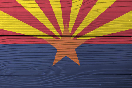 Flag of Arizona on wooden wall background. Grunge Arizona flag texture, The states of America,  red...