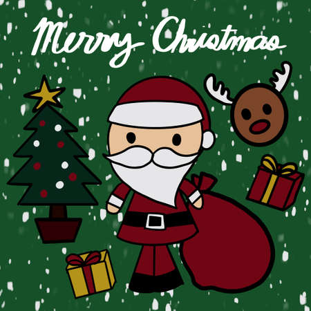 Santa claus carry a gift bag standing with Christmas tree and yellow star on top, with gift box and brown Reindeer on green background and snow. The Christmas concept festival of celebration.のイラスト素材