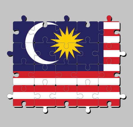 Jigsaw puzzle of Malaysia flag in blue red white and yellow color with yellow star and white Crescent moon. Concept of Fulfillment or perfection.のイラスト素材