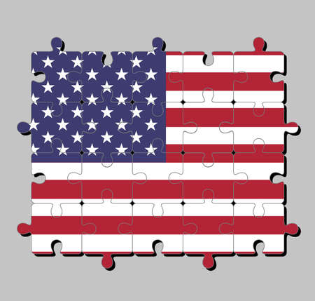 Jigsaw puzzle of United States of America flag in horizontal stripes of red and white with fifty white stars on a blue field. Concept of Fulfillment or perfection.のイラスト素材