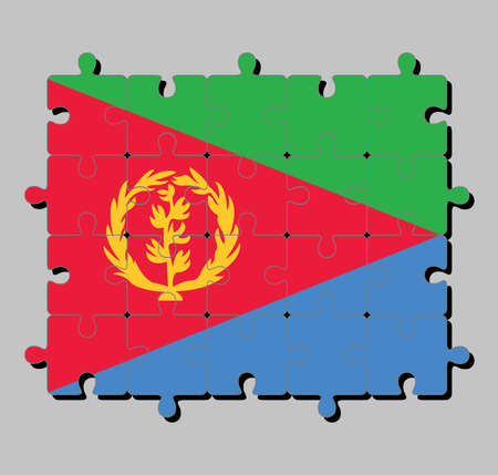 Jigsaw puzzle of Eritrea flag in tricolor of green red triangle on blue and green triangle with olive branch on gold color. Concept of Fulfillment or perfection.のイラスト素材