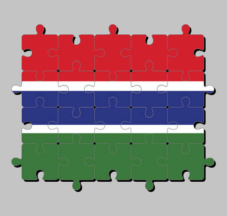 Jigsaw puzzle of Gambia flag in red blue and green color and separated by a narrow band of white. Concept of Fulfillment or perfection.のイラスト素材
