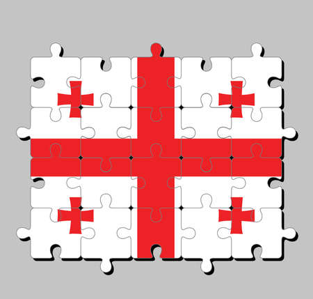 Jigsaw puzzle of Georgia flag in white rectangle, with a large red cross. four Bolnur-Katskhuri crosses on four corners. Concept of Fulfillment or perfection.のイラスト素材