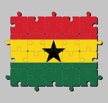 Jigsaw puzzle of Ghana flag in horizontal triband of red, gold, and green with black star. Concept of Fulfillment or perfection.のイラスト素材