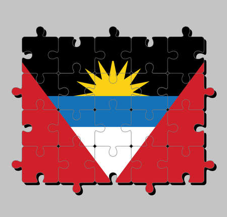 Jigsaw puzzle of Antigua and Barbuda flag in black blue and white, with two red triangles. with yellow half-sun. Concept of Fulfillment or perfection.のイラスト素材