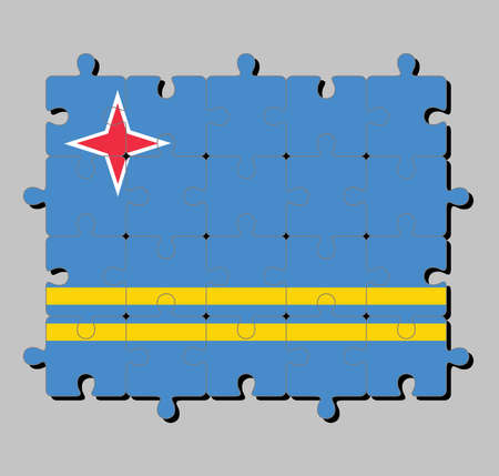 Jigsaw puzzle of Aruba flag in a field of light blue and two narrow parallel horizontal yellow stripes in the bottom half, and red star. Concept of Fulfillment or perfection.のイラスト素材
