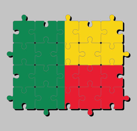 Jigsaw puzzle of Benin flag in A horizontal bicolor of yellow and red with a green vertical band. Concept of Fulfillment or perfection.のイラスト素材