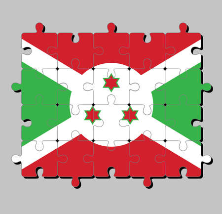 Jigsaw puzzle of Burundi flag in A white diagonal cross divided into four panels of red and green and three star. Concept of Fulfillment or perfection.のイラスト素材