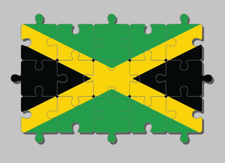 Jigsaw puzzle of Jamaica flag in a gold diagonal cross divides the field into four triangles of green and black. Concept of Fulfillment or perfection.のイラスト素材