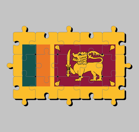 Jigsaw puzzle of Sri Lanka flag in four color of green orange yellow and dark red with golden lion. Concept of Fulfillment or perfection.のイラスト素材
