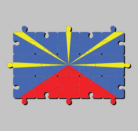 Jigsaw puzzle of reunion flag in red yellow and blue color. Concept of Fulfillment or perfection.のイラスト素材