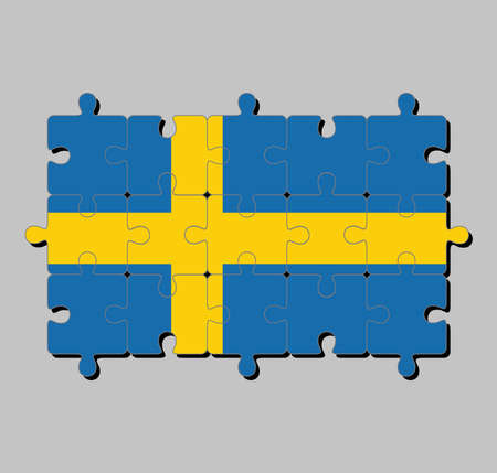 Jigsaw puzzle of Sweden flag in consists of a yellow or gold Nordic Cross on a field of blue. Concept of Fulfillment or perfection.のイラスト素材