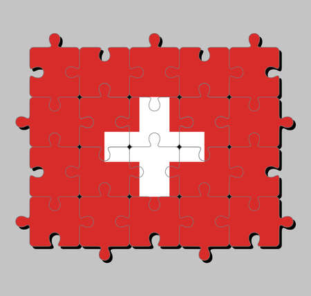 Jigsaw puzzle of Switzerland flag in consists of a red flag with a white cross in the centre. Concept of Fulfillment or perfection.のイラスト素材