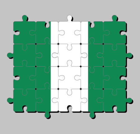 Jigsaw puzzle of Nigeria flag in a vertical bicolor triband of green, white and green. Concept of Fulfillment or perfection.のイラスト素材