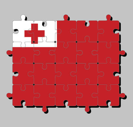 Jigsaw puzzle of Tonga flag in a red field with the white rectangle on the upper hoist-side corner bearing the red Greek Cross. Concept of Fulfillment or perfection.のイラスト素材