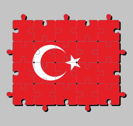 Jigsaw puzzle of Turkey flag in red field with a white star and crescent slightly left of center. Concept of Fulfillment or perfection.のイラスト素材