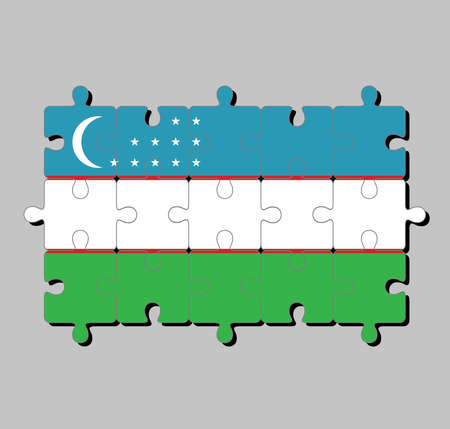 Jigsaw puzzle of Uzbekistan flag in blue white and green stripes, separated by two narrow red stripes with crescent and stars. Concept of Fulfillment or perfection.のイラスト素材