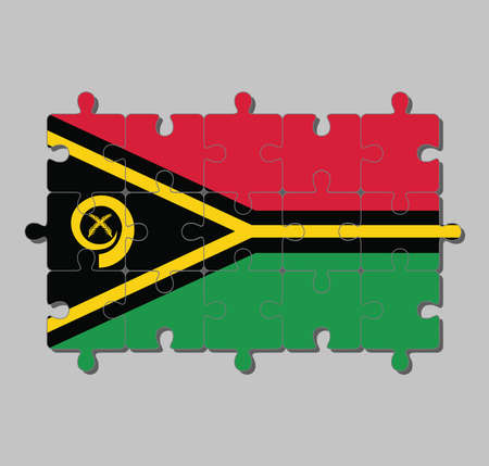 Jigsaw puzzle of Vanuatu flag in red and green with black and yellow color boar's tusk encircling two crossed fern fronds and the golden pall. Concept of Fulfillment or perfection.のイラスト素材
