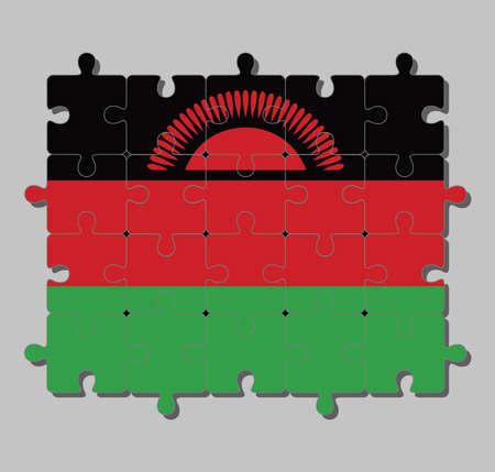 Jigsaw puzzle of Malawi flag in black red and green; charged with a red rising sun on black. Concept of Fulfillment or perfection.のイラスト素材