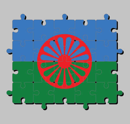 Jigsaw puzzle of Romani people flag in blue and green background, representing the heavens and earth and red chakra. Concept of Fulfillment or perfection.のイラスト素材