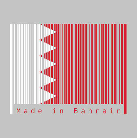Barcode set the color of Bahrain flag, five white triangles in the form of zigzag on red field, grey background, text: Made in Bahrain. concept of sale or business.のイラスト素材