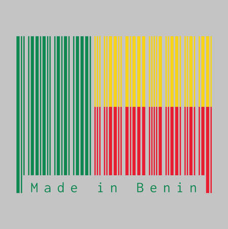 Barcode set the color of Benin flag, A horizontal bicolor of yellow and red with a green vertical band on grey background, text: Made in Benin. concept of sale or business.のイラスト素材
