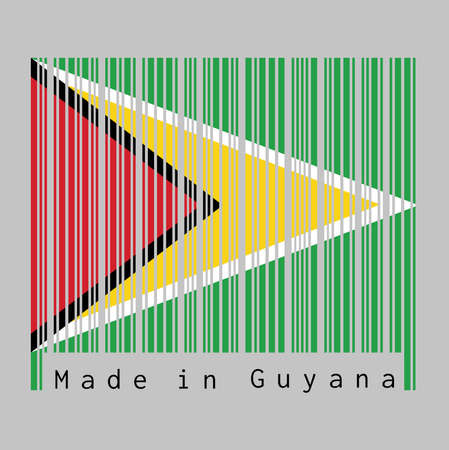 Barcode set the color of Guyana flag, a green field with the black red triangle and white golden triangle, text: Made in Guyana. concept of sale or business.のイラスト素材
