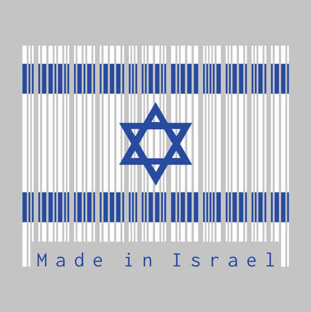 Barcode set the color of Israel flag, blue hexagram on a white background, between two blue stripes. text: Made in Israel. concept of sale or business.のイラスト素材