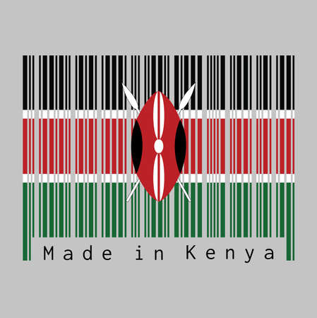 Barcode set the color of Kenya flag, black white red and green with two crossed white spears behind a red, and black Maasai shield. text: Made in Kenya. concept of sale or business.のイラスト素材