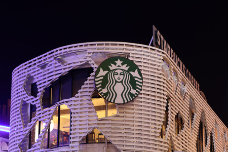 Muang, Samutsakhon,Thailand, Dec 31, 2018: The Logo and building of Starbucks Coffee shop at night...