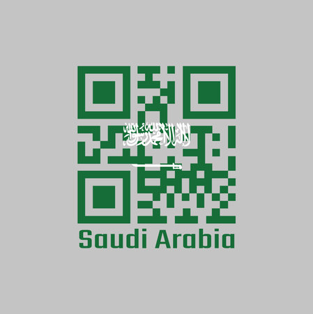 QR code set the color of Saudi Arabia flag, a green field with the Shahada or Muslim creed written in the Thuluth script in white above a horizontal saber. text: Saudi Arabia.