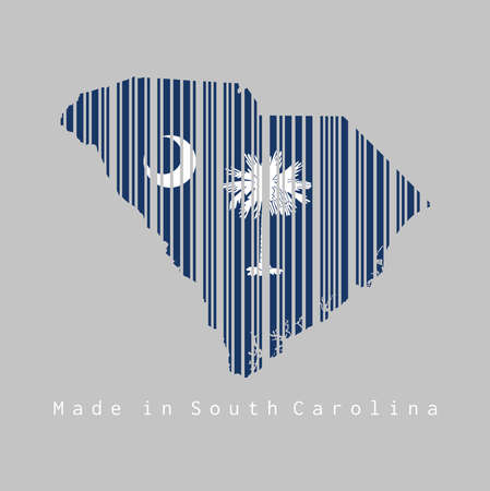 Barcode set the shape to South Carolina map outline and the color of South Carolina flag on grey background, text: Made in South Carolina. The states of America.のイラスト素材