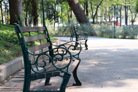 The wooden chair in the garden. the Wooden Long bench in the park.