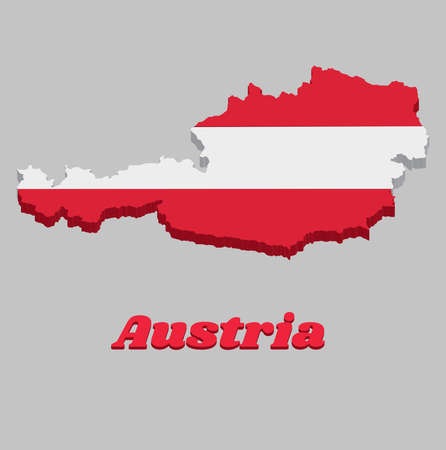 3D Map outline and flag of Austria, a horizontal triband of red (top and bottom) and white. with text Austria.のイラスト素材