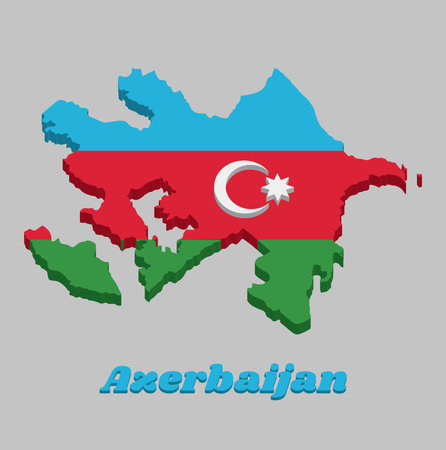 3D Map outline and flag of Azerbaijan, a horizontal tricolor of blue, red, and green, with a white crescent and an eight-pointed star centered on a red band. with text Azerbaijan.のイラスト素材
