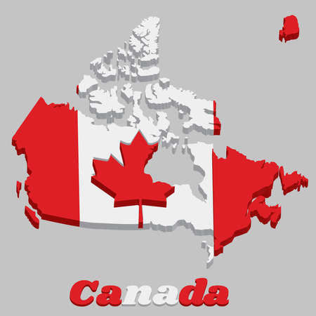 3D Map outline of Canada, a vertical triband of red and white with the red maple leaf on the center, with text Canada.のイラスト素材