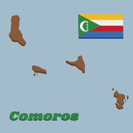 3D Map outline and flag of Comoros, Four horizontal stripes of yellow, white, red and blue with a green chevron with a white crescent and four stars. with text Comoros.のイラスト素材