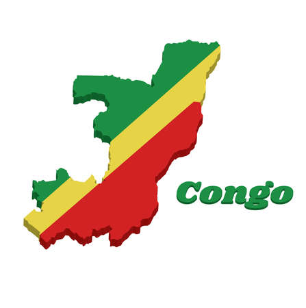 3D Map outline and flag of Congo, A diagonal tricolor of green, yellow and red radiating from the lower hoist side corner. with text Congo.のイラスト素材