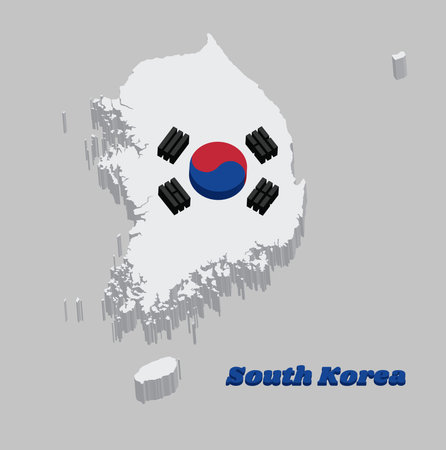3D Map outline and flag of South Korea,  a red and blue Taeguk, symbolizing balance on white and black line. with text South Korea.のイラスト素材