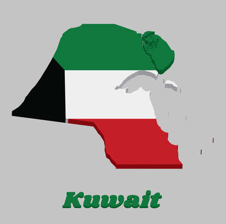 3D Map outline and flag of Kuwait, a horizontal triband of green, white and red; with a black trapezium based on the hoist side. Name text Kuwait.のイラスト素材