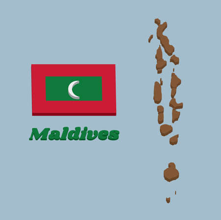 3D Map outline and flag of Maldives, green with a red border. The centre bears a vertical white crescent. with name text Maldives.のイラスト素材