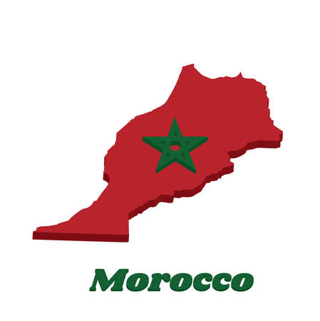 3D Map outline and flag of Morocco, it is a red field with a black-bordered green pentagram. with name text Morocco.のイラスト素材