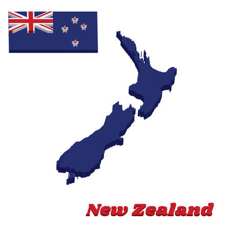 3D Map outline and flag of New Zealand, A Blue Ensign with the Southern Cross of four white-edged red five-pointed stars centred on the outer half of the flag. with text New Zealand.のイラスト素材