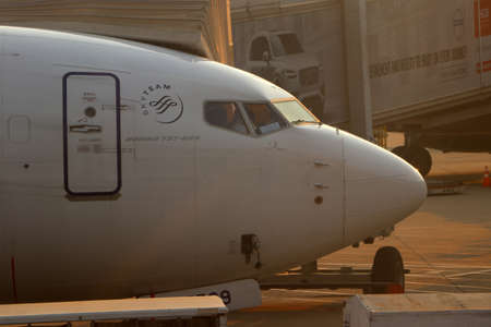 Phnom Penh, Cambodia, Feb 4, 2019 : Boeing 737-800 aircraft, front of the plane of China Eastern parking at Phnom Penh International Airport.のeditorial素材