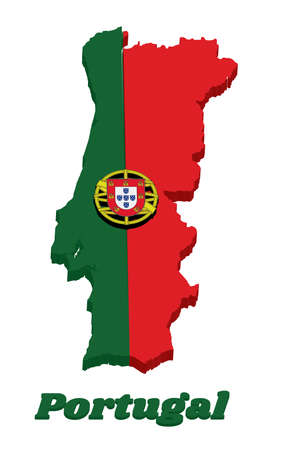 3d Map outline and flag of Portuguese, a 2:3 vertically striped bicolor of green and red, with coat of arms of Portugal centred over the color boundary. with name text Portugal.のイラスト素材