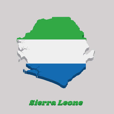 3d Map outline and flag of Sierra leone, A horizontal tricolor of light green, white and light blue. with name text Sierra leone.のイラスト素材