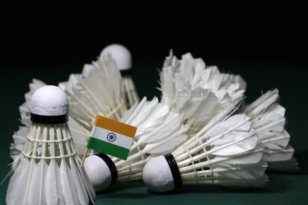 Mini India flag stick on the heap of used shuttlecocks on green floor of Badminton court with dark black background.の写真素材