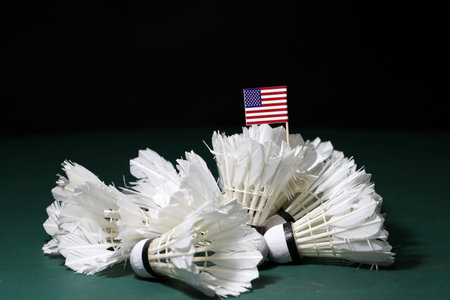 Mini United States of America flag stick on the heap of used shuttlecocks on green floor of...
