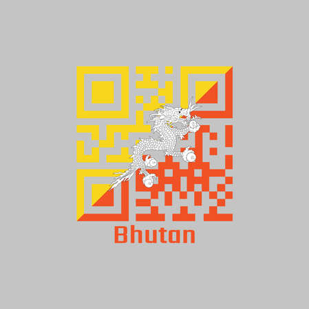 QR code set the color of Bhutan flag, triangle yellow and orange, with a white dragon holding four jewels in its claws centered. with text Bhutan.のイラスト素材
